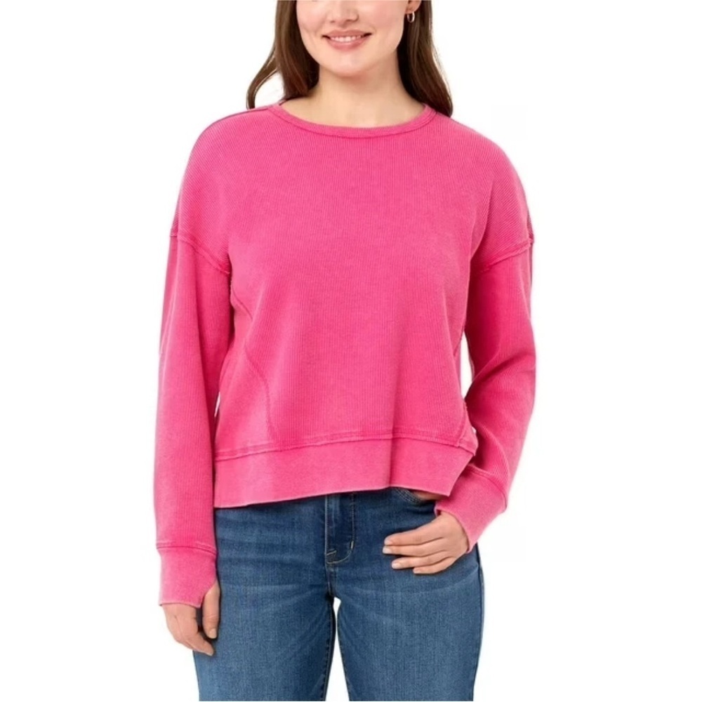 SEVEN 7 Women Plus Waffle Crewneck/Stonewashed Mottled Dye/Thumb Holes/Hot Pink - Picture 1 of 7